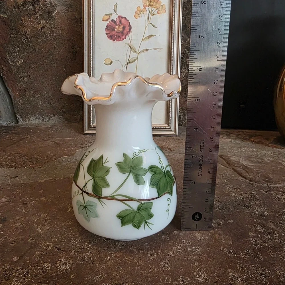 Vintage Consolidated Milk Glass Ivy Vase Hand Painted Ruffled Gold Rim 6 Inch